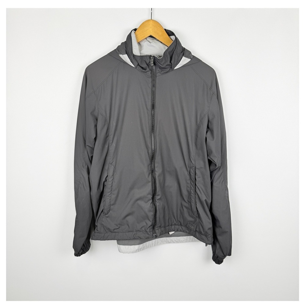 REI Windbreaker Jacket Womens L Gray Hooded Full Zip Lightweight Outdoor